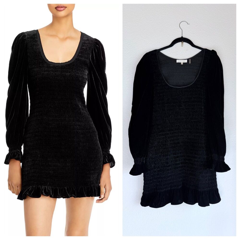 NWOT LoveShackFancy Dorset Velvet Smocked Long Sleeve Mini Dress in Black Sz M
